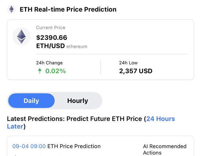 An ETH Real-time Price Prediction screen shows a current price of $2390.66 with a 24h change of 0.02% and a 24h low of 2,357 USD, featuring Daily and Hourly tabs.