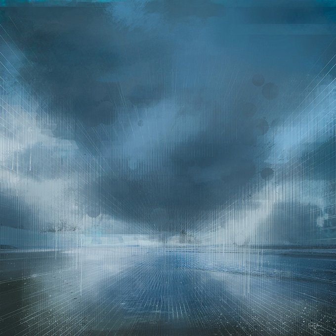 An atmospheric blue-toned image depicts a rainy, misty landscape with a reflective wet surface and stormy clouds overhead.