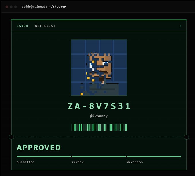 A terminal-style interface shows a pixelated character sprite with the text 'ZADDR WHITELIST', 'ZA-8V7S31', '@7xbunny', and 'APPROVED' in green.