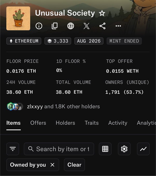 A screenshot of the Unusual Society NFT collection page on OpenSea, showing a floor price of 0.0176 ETH, 1D floor change of 0%, top offer of 0.0155 WETH, 24H and total volume both at 38.60 ETH, and 1,791 unique owners (53.7%).