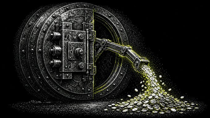 A dark illustration depicts an ornate open metal vault door with gold coins spilling out of its swinging safe mechanism onto a black surface.