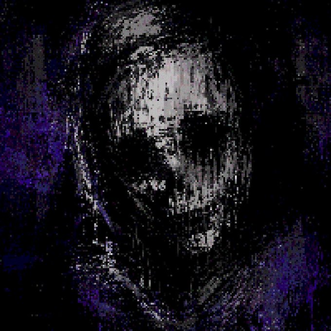 A dark, heavily pixelated and glitched portrait of a face with long hair, rendered in black, white, and purple tones.
