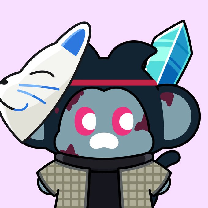 A cartoon illustration of a gray, koala-like character dressed as a samurai with a fox mask and a glowing blue crystal on its back.