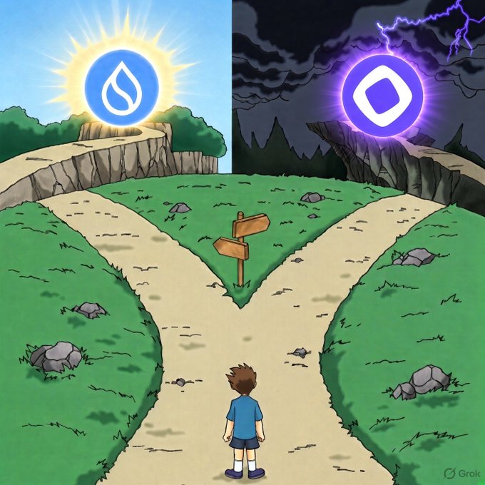 An illustration by Grok shows a boy at a crossroads facing two paths: a sunny landscape with an SUI logo and a dark stormy scene with a MATIC logo.