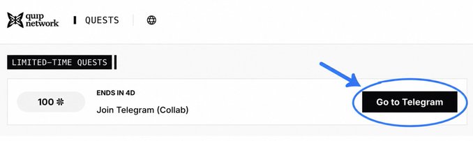 A Quip Network 'Limited-Time Quests' interface showing 'Join Telegram (Collab)' ending in 4 days with a 'Go to Telegram' button highlighted by a blue circle and arrow.