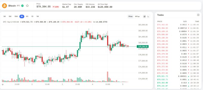 A Bitcoin price chart showing a current price of $79,394.55, with a market cap of $1.6T and 24-hour volume of $33.23B.