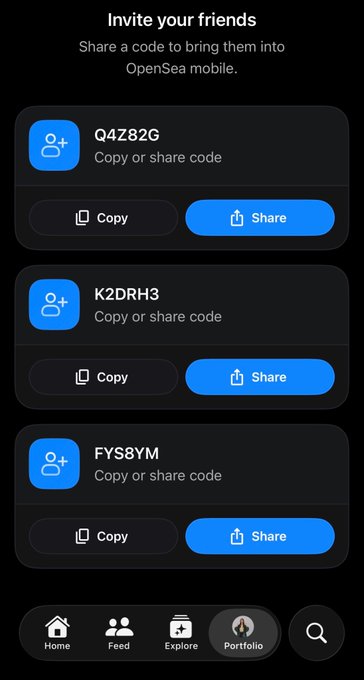 An OpenSea mobile invite screen displays the header 'Invite your friends' and lists three shareable codes: 'Q4Z82G', 'K2DRH3', and 'FYS8YM', each with Copy and Share options.