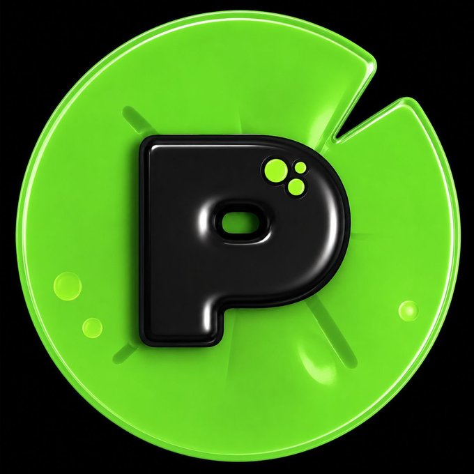 A 3D rendering of a black letter 'P' with a paw print design inside the top loop, resting inside a bright green, circular dish with a notch cut out.