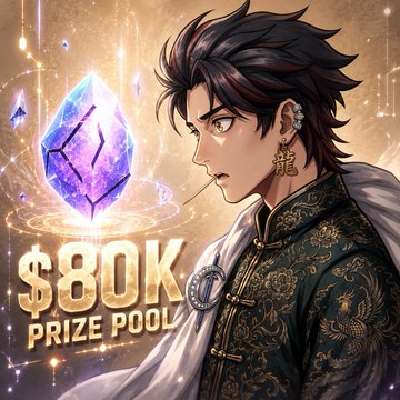 An anime-style character with spiky dark hair and ornate clothing gazes at a glowing purple crystal, with text highlighting an "$80K PRIZE POOL" to promote the Bitget Wallet × Reserve Protocol AI trading campaign.