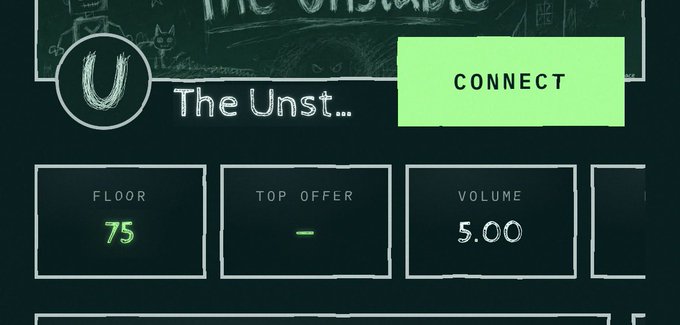 The image shows a dark-themed digital dashboard with a "The Unst..." profile (featuring a horseshoe logo) and a green "CONNECT" button, alongside trading metrics displaying a floor price of 75, no top offer, and a volume of 5.00—visually reinforcing the gratitude message toward supporters who believe in the project's value.