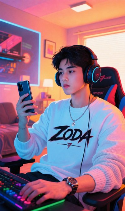 A young man with dark hair, wearing a white sweatshirt with 'ZODA' text and a gaming headset, looks at his smartphone in a neon-lit gaming room with an RGB keyboard.