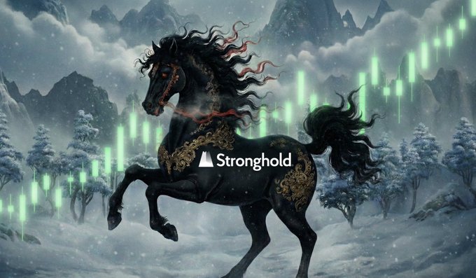 A majestic black horse with golden ornamental details gallops through a snowy mountain landscape with ethereal green lights, overlaid with the text "Stronghold" and a chart graphic, visually reinforcing the "$SHX $0.10" ticker with imagery of strength, power, and forward momentum.