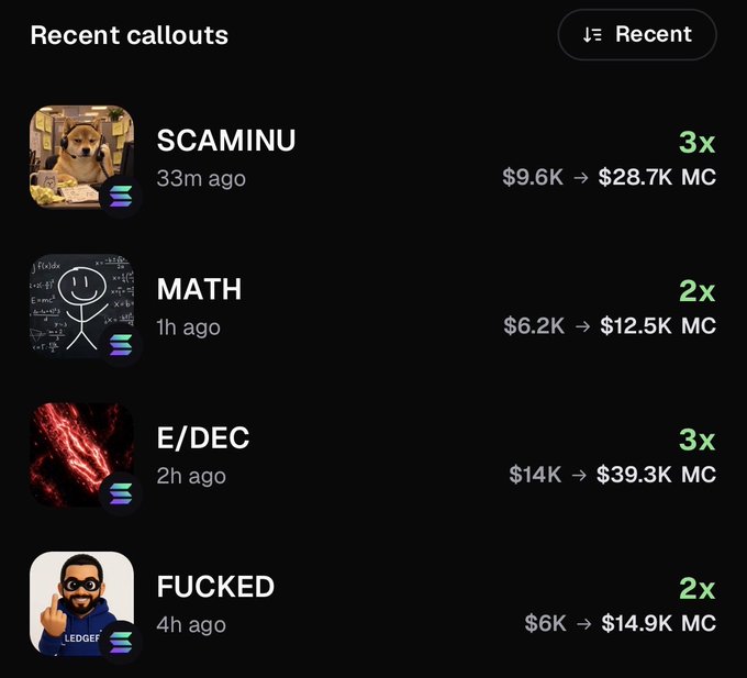 The image shows a "Recent callouts" dashboard listing four tokens (SCAMINU, MATH, E/DEC, and FUCKED) with multipliers of 3x, 2x, 3x, and 2x respectively, showing market cap gains like "$9.6K → $28.7K MC." This serves as visual evidence contradicting the comment's claim, demonstrating that the sub-$10K token calls actually delivered significant gains (3x for SCAMINU and 2x for FUCKED) rather than rugging.