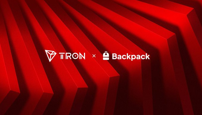 A red geometric promotional graphic announcing a partnership between TRON and Backpack.