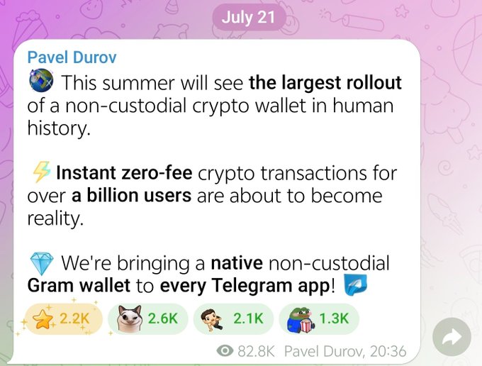 A screenshot of a Telegram post by Pavel Durov dated July 21 announcing 'the largest rollout of a non-custodial crypto wallet in human history' and a native non-custodial 'Gram wallet' for Telegram, with 82.8K views.