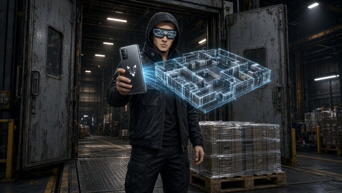A man wearing a black hooded jacket and futuristic sunglasses stands in a warehouse, holding a smartphone that projects a glowing blue holographic maze in the air.