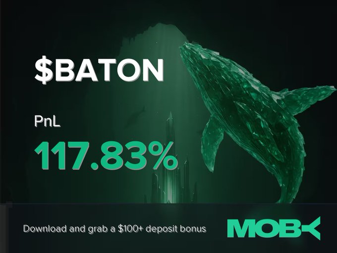 A promotional Moby graphic featuring a stylized emerald-green whale next to the text "117.83%" highlights a $BATON trade that delivered a massive gain on the platform, alongside an offer for a $100+ deposit bonus.