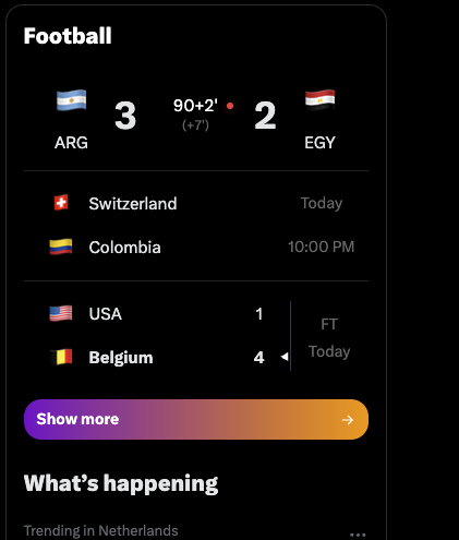 The image shows a football scorecard from what appears to be a sports app, featuring Argentina's 3-2 victory over Egypt at the 90+2 minute mark (+7'). The "how it started vs how it ended" caption likely references the final score showing Argentina pulling ahead with a late goal in stoppage time, dramatically changing the outcome of the match.
