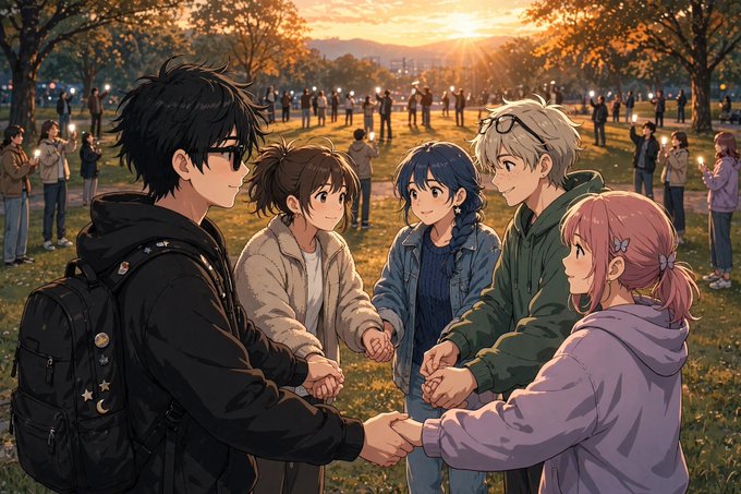 An anime-style illustration depicting five young characters holding hands in a circle on a grassy field at sunset, surrounded by a larger crowd holding glowing lights.