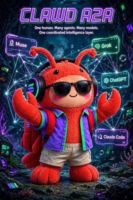 A vibrant cyberpunk-style digital artwork titled 'CLAWD A2A' featuring a red lobster-like plush character wearing sunglasses, headphones, a purple vest, and a backpack, surrounded by floating interface panels labeled 'Muse,' 'Grok,' 'ChatGPT,' and 'Claude Code.'