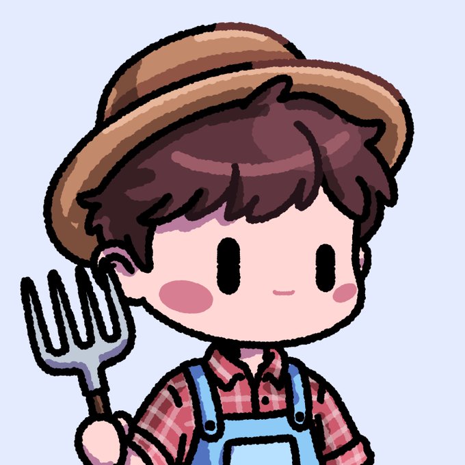 A cute cartoon illustration of a boy wearing a straw hat and farmer's overalls, holding up a garden fork.