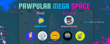 A graphic for a "Pawpular Mega Space" event featuring Pawpular as host and @Gleemider222 as co-host, with logos of sponsors along the bottom.