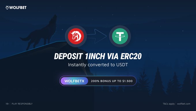 A Wolfbet advertisement features a wolf silhouette on a cliff at night, with text "DEPOSIT 1INCH VIA ERC20" and "Instantly converted to USDT," promoting a 200% bonus up to $1,500.