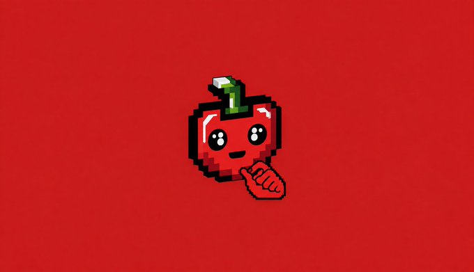 A pixel art illustration depicts an adorable red cherry with a smiling face and tiny arms, set against a solid red background.