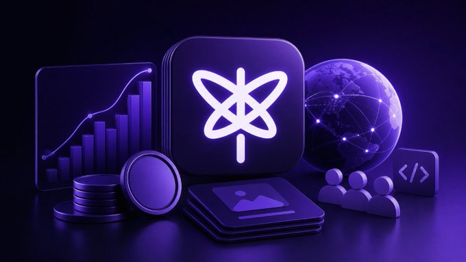 A purple-themed tech illustration showing a glowing atom symbol icon surrounded by data charts, a globe, coins, and code brackets.