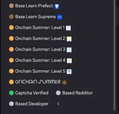 A list of user achievement badges including 'Base Learn Prefect', 'Base Learn Supreme', 'Onchain Summer: Levels 1-5', 'Onchain Summer', 'Captcha Verified', 'Based Redditor', and 'Based Developer'.