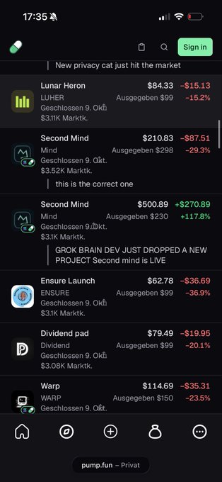 The image shows a pump.fun app displaying a trader's recent PNL activity with predominantly heavy losses—including Lunar Heron (-15.2%), Second Mind (-29.3%), Ensure Launch (-36.9%), Dividend pad (-20.1%), and Warp (-23.5%)—contrasted by a single large gain on Second Mind (+117.8%/$270.89), with chat messages referencing a "GROK BRAIN DEV" callout. This visual evidence of mostly losing trades with rare big wins aligns perfectly with the post's accusation that pump.fun is paying this trader for callouts to manipulate the platform, despite his overall poor trading precision.