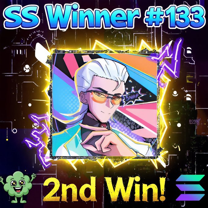 Vibrant anime-style graphic announcing "SS Winner #133" and "2nd Win!" with a stylized character featuring white hair and sunglasses, alongside a small green smiling creature logo, celebrating winner @0xSentry107 in the SMURF SPOTLIGHT V2 giveaway.
