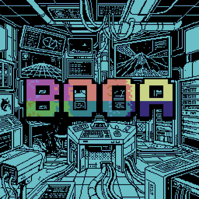 Retro pixel art featuring the word "BOOM" in colorful block letters set within a cyan and black sci-fi computer control room filled with monitors and equipment.