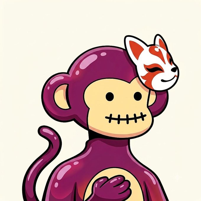 A cartoon purple monkey wearing a fox mask gives a cheerful grin, its stitched smile matching the upbeat "Gm and Happy Friday!" vibe of playful mischief and crypto-community cheer.