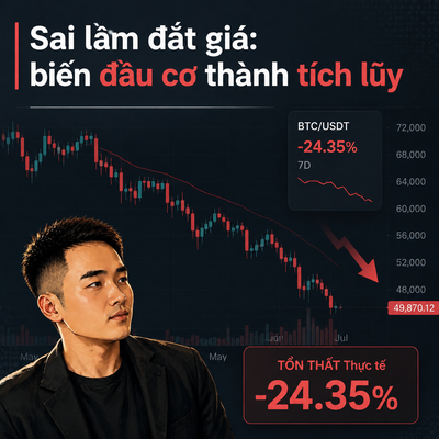 A Vietnamese text graphic stating 'Sai lầm đắt giá: biến đầu cơ thành tích lũy' with a BTC/USDT 7D chart showing a '-24.35%' drop and 'TỔN THẤT Thực tế -24.35%', featuring a man in a black jacket.