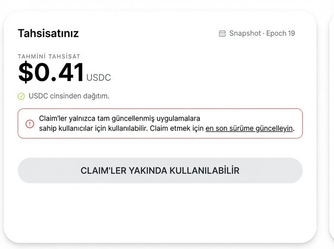 A Turkish-language snapshot interface showing estimated earnings ('Tahmini Tahsilat') of $0.41 USDC from USDC distribution ('USDC cinsinden dağıtım'), with a note that claims will be available soon ('Claim'ler yakında kullanılabilir').