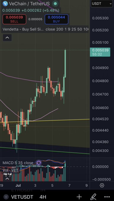 TradingView chart for VeChain/TetherUS (VETUSDT) on a 4H timeframe showing a price of 0.005039 (+5.48%) with MACD and volume indicators.