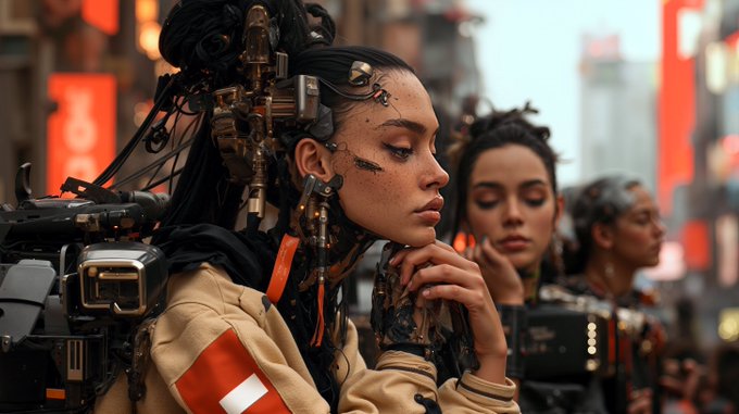 A futuristic AI-generated image of a cybernetic woman with elaborate mechanical headgear and dark makeup, standing with hands clasped in a city setting.