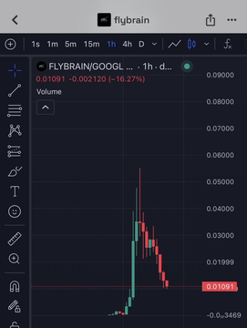 A candlestick chart from a trading platform showing the FLYBRAIN/GOOGL pair, with the current price at 0.01091, indicating a 16.27% drop.