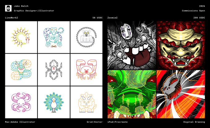 A portfolio showcase for Jake Baich, Graphic Designer/Illustrator, displaying 'LineWorkz' commissions at 50 USDC featuring symmetrical vector designs, and 'Zoomiez' at 280 USDC featuring detailed digital drawings of monsters and creatures.