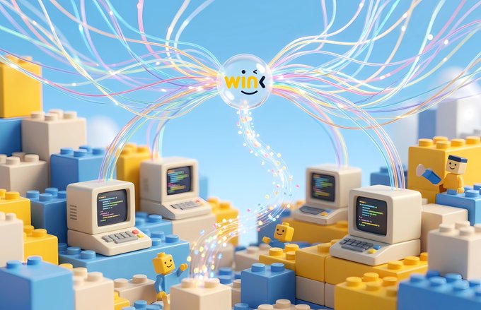 A colorful LEGO-style blockchain scene shows retro computers, block structures, and a central glowing “WIN” sphere sending streams of data across the network. It illustrates WINkLink oracles acting as trusted witnesses that connect smart contracts on TRON with reliable external data.