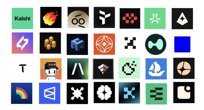 A grid displaying 28 various cryptocurrency and tech company logos, including Kalshi, Fireblocks, and several other app icons.