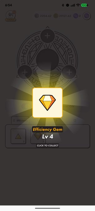 A mobile game reward screen displaying an 'Efficiency Gem Lv 4' with the prompt 'CLICK TO COLLECT' against a dark mystical background.