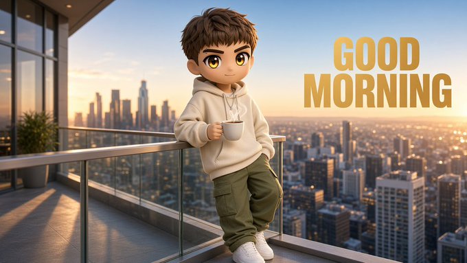 A cartoon-style 3D illustration of a young boy in a white hoodie holding a mug on a high-rise balcony overlooking a city skyline, with the text 'GOOD MORNING' in gold letters.