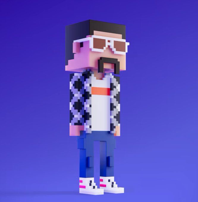 A 3D voxel-style character with black hair, pink sunglasses, a black mustache, a patterned jacket, white shirt, and blue pants stands against a solid blue background, representing a Meebits NFT—a collection of unique generative 3D voxel art characters created by Larva Labs and now stewarded by MeebCo.