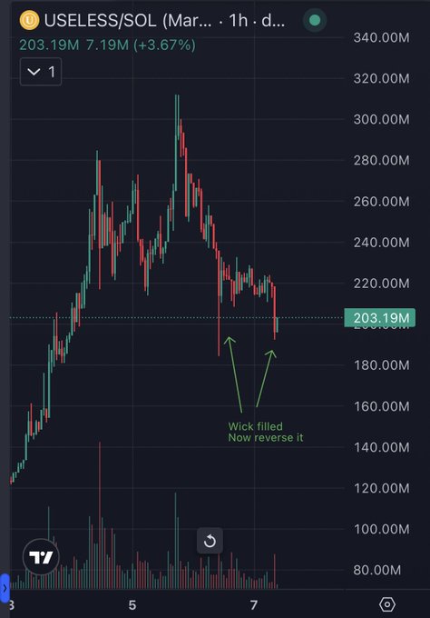 The image shows a candlestick chart of USELESS/SOL on a 1-hour timeframe, currently priced at 203.19M (up 3.67%), with green annotations highlighting a "Wick filled - Now reverse it" pattern. The post's bullish sentiment aligns with the chart's visible W-bottom formation, suggesting a potential reversal back toward the highs near 320.00M.
