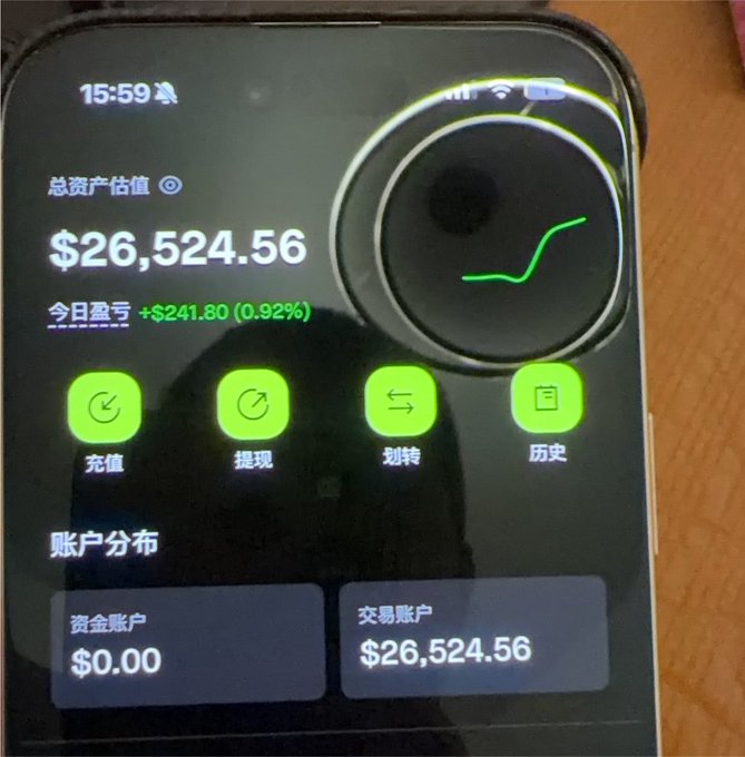 A smartphone screen displays a financial app showing a total asset value of $26,524.56, with a daily profit of +$241.80 (0.92%) held entirely in a trading account, supporting the post's claim of profiting amid a struggling market.