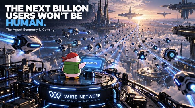 The image shows a futuristic aerial scene with a cartoon character in a red cap and green vest pressing an "EXECUTE" button on a console overlooking a vast sci-fi city filled with hovering drones and flying vehicles. Bold text reads "THE NEXT BILLION USERS WON'T BE HUMAN. The Agent Economy Is Coming," with "WIRE NETWORK – UNIVERSAL TRANSACTION LAYER" branding at the bottom.

The visual reinforces the post's message by depicting AI agents (the swarming drones) autonomously operating across a complex, multi-chain environment, while the human figure simply triggers a single "EXECUTE" command—mirroring the idea that infrastructure like Wire Network's Universal Transaction Layer will let agents handle cross-chain transactions seamlessly without human involvement.