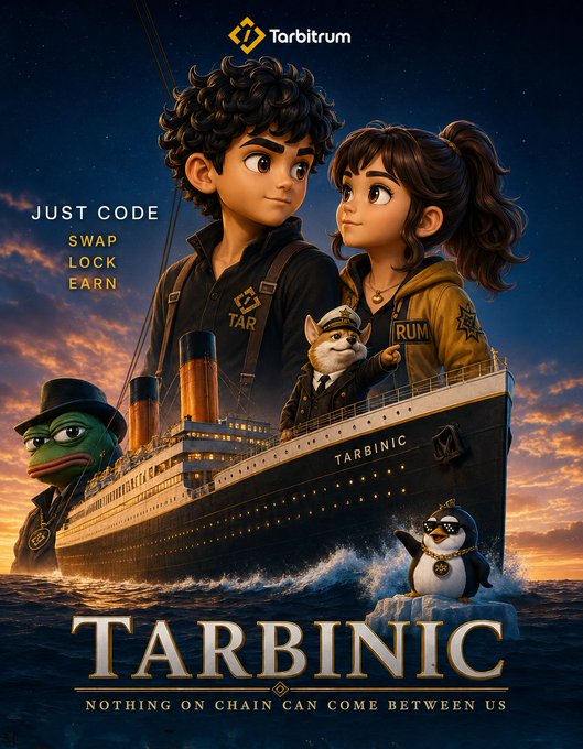 The image features a poster for the movie Tarbitric, which is about a boy named Tarbinic who has magical powers that allow him to travel between different dimensions. The poster includes a cartoon depiction of Tarbinic and his friends on a ship with a penguin standing on top. The text on the poster reads "Just code swap lock earn".