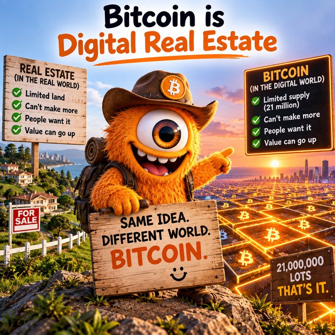 A promotional graphic titled 'Bitcoin is Digital Real Estate' featuring a furry orange one-eyed monster character wearing a Bitcoin cowboy hat, comparing real estate and Bitcoin properties with checkmarks, and noting '21,000,000 LOTS THAT'S IT.'